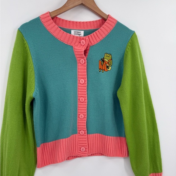 Unique Vintage Frog Embroidered Colorblock Cardigan Sweater in Multi | M/L - Picture 3 of 6